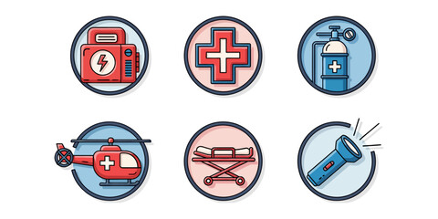  Flat Design Circular Icons Set for Medical Emergency, Rescue, and First Aid