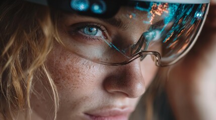 Woman experiencing augmented reality with futuristic glasses, exploring digital interface and innovative technology