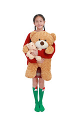 Happy Asian girl preteen in New Year and Christmas costumes holding teddy bear doll isolated on white background.