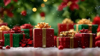 Festive christmas presents covered in snow with bokeh lights - Powered by Adobe