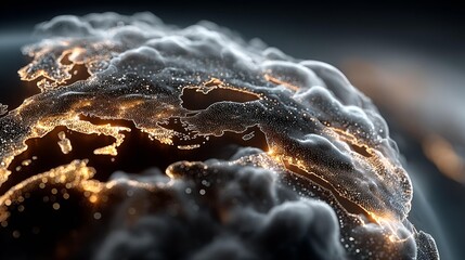 Abstract world map with illuminated city lights and atmospheric clouds, perfect for technology and data visualization projects