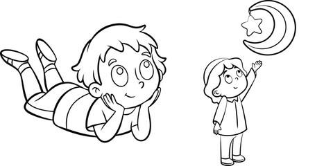 Young Child and Kid Cartoon Illustration Reaching for Celestial Wonders