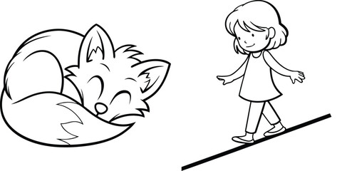 Cute Cartoon Fox Sleeping and Child Walking Line Art Illustration for Kids Coloring Book