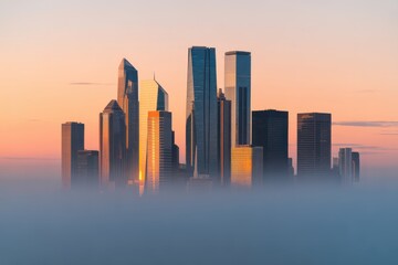 City skyline emerges from morning fog at sunrise with warm orange sky buildings skyscrapers