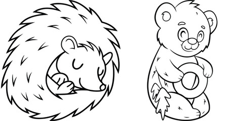 Cute Cartoon Animals: Hedgehog and Bear Line Art Drawing for Kids