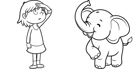 Cartoon Girl and Elephant Drawing for Child Education