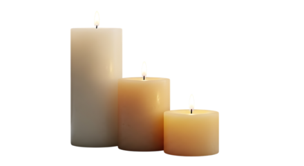 Three Lit Candles of Varying Heights and Colors on a Black Background burning flame isolated on a transparent background