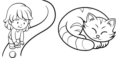 Joyful Child Playing with Ball and Sleeping Cat Line Art Illustration for Coloring