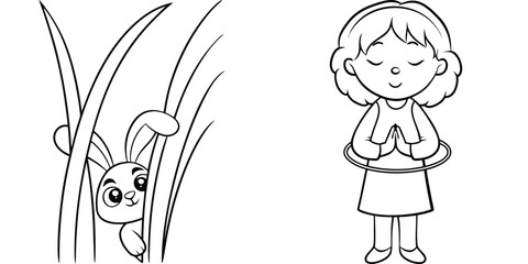 Delightful Line Art Rabbit and Serene Girl Illustration Perfect for Coloring Book Cartoon Outline