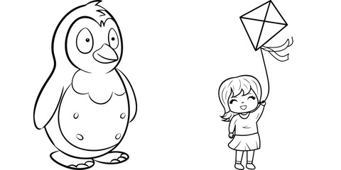 Delightful Cartoon Girl and Penguin Drawing for Kids' Playtime