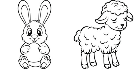 Cute Bunny and Lamb Animal Coloring Outline for Childish Drawing Projects