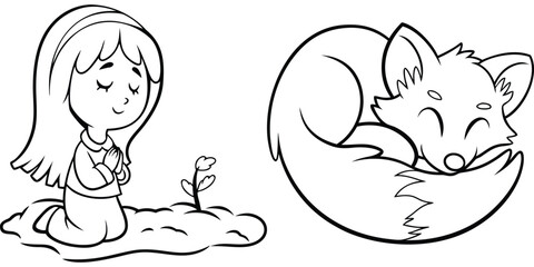 Cute Cartoon Girl and Sleeping Fox Lineart Drawing for Kids Coloring