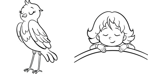 Fototapeta premium Adorable Child and Bird Cartoon Outline for Coloring Activity Page