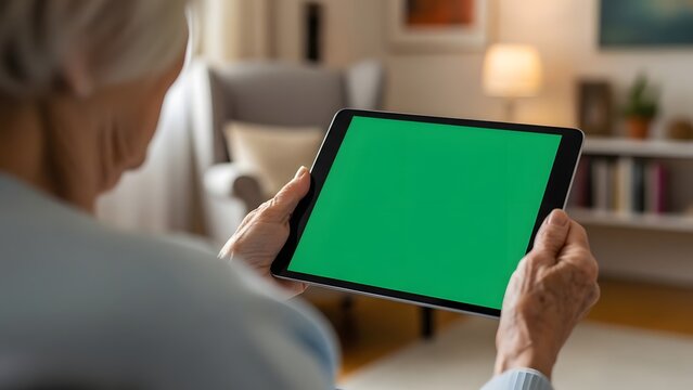 Senior Woman Holding Tablet During Video Call Over Shoulder View