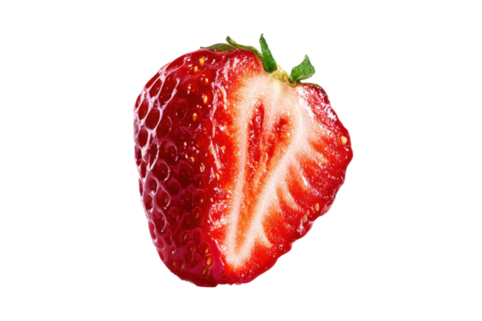 Fresh red strawberry cut in half isolated on transparent background. Close-up of a juicy ripe strawberry cut in half showing seeds isolated on white background.