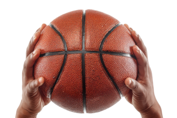 Hands holding a basketball isolated on transparent background. Hands gripping a textured basketball isolated on white background.