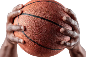 Hands holding a basketball isolated on transparent background. Hands gripping a textured basketball isolated on white background.