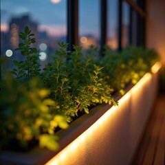 Naklejka premium Green plants lit with soft warm lights on balcony at dusk. Evening scene with city lights in the background. Cozy home garden space at night