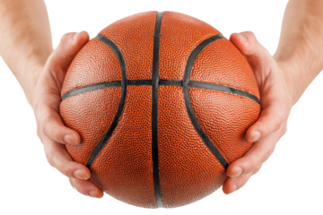 Hands holding a basketball isolated on transparent background. Hands gripping a textured basketball isolated on white background.