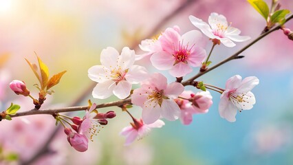 Obraz premium Beautiful pink cherry blossom branch blooming in bright spring sunlight