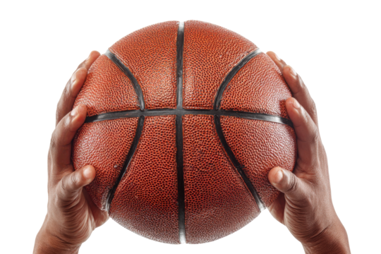 Hands holding a basketball isolated on transparent background. Hands gripping a textured basketball isolated on white background.