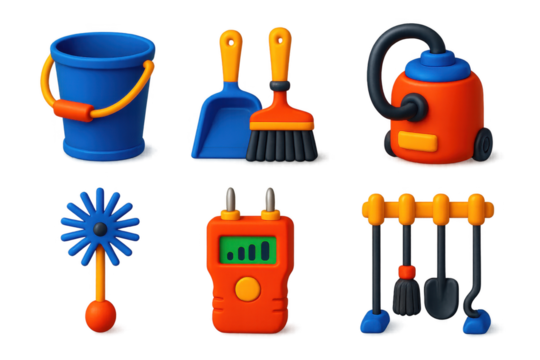 Set of six cartoonish objects, including a bucket, a broom, a vacuum cleaner
