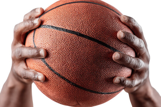 Hands holding a basketball isolated on transparent background. Hands gripping a textured basketball isolated on white background.