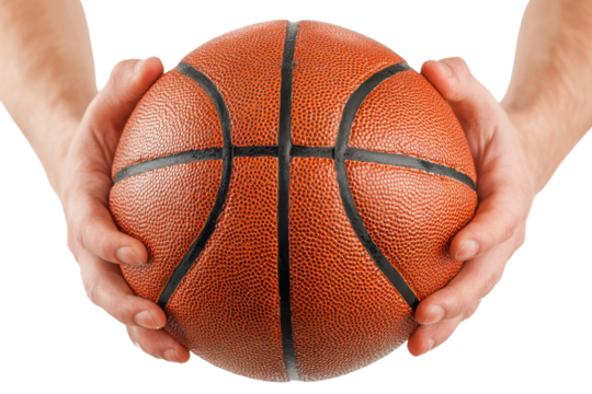 Hands holding a basketball isolated on transparent background. Hands gripping a textured basketball isolated on white background. - Powered by Adobe