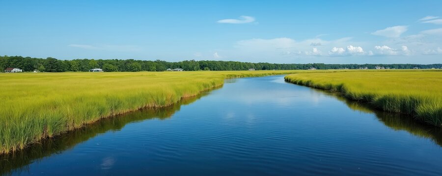 Wide blue waterway curves through vast green marsh field. Clear sky shows soft white clouds above. Distant tree line, small homes visible at horizon. Sunny day, open wild nature, peaceful rural - Powered by Adobe