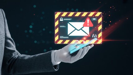 Cybersecurity alert shown in a mobile phone. a person shows a digitally rendered email notification of a security issue