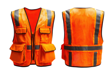 High visibility orange safety vest with reflective stripes isolated on transparent background. High visibility safety vest with reflective strips front and back view isolated on white background.