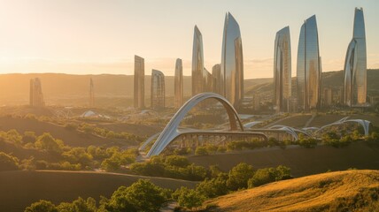 Futuristic cityscape with modern skyscrapers and unique arch bridge at sunset architecture