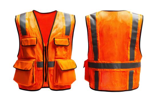 High visibility orange safety vest with reflective stripes isolated on transparent background. High visibility safety vest with reflective strips front and back view isolated on white background.