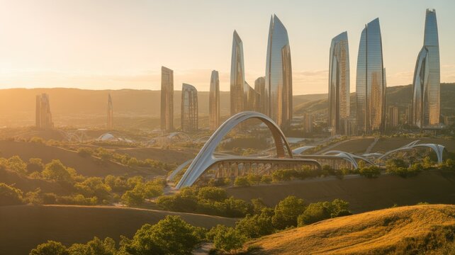 Futuristic cityscape with modern skyscrapers and unique arch bridge at sunset architecture