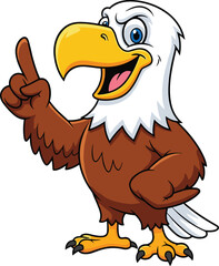 Cartoon bald eagle character pointing upward, patriotic mascot bird, educational animal icon, flat vector illustration for teaching, branding, presentations