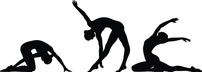 Silhouette yoga and stretching poses featuring graceful movement, flexibility, body balance, fitness exercise positions and mindful motion in minimalist flat vector illustration