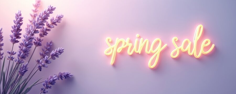 Vibrant purple lavender flowers bloom on soft pastel gradient background. Bright yellow neon spring sale text glows. Seasonal promotion banner graphic for retail shop ad campaigns. Elegant floral