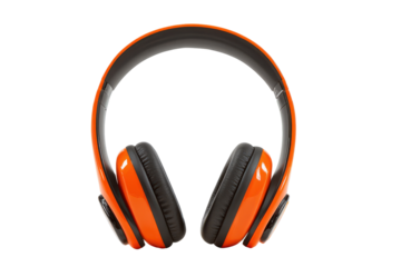 Orange and black headphones isolated on transparent background. Bright orange over-ear headphones with black accents isolated on white background.