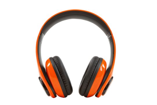 Orange and black headphones isolated on transparent background. Bright orange over-ear headphones with black accents isolated on white background.