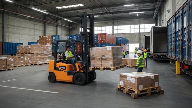 Forklift driver moves pallets of boxes in a busy warehouse with stacked containers and workers nearby