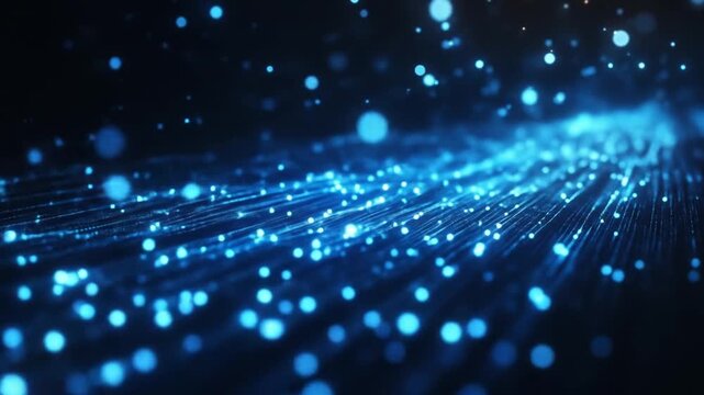 Vast field of glowing blue particles and flowing lines in a dark, futuristic data stream. with light