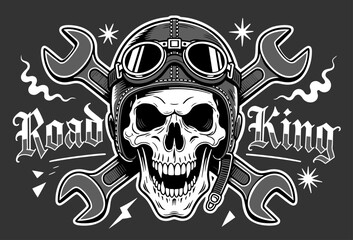 Fototapeta premium Road King skull in vintage aviator helmet and goggles with crossed wrenches, aggressive biker style monochrome vector illustration