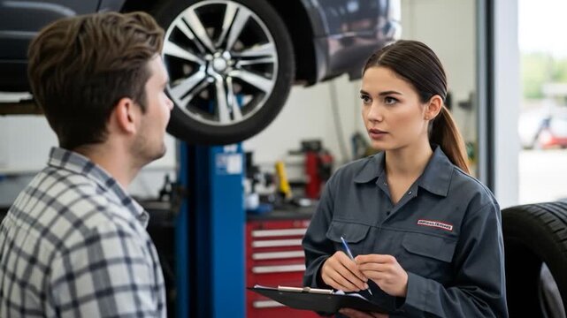 Mechanic consults with client, explaining repairs while vehicle is lifted in auto shop