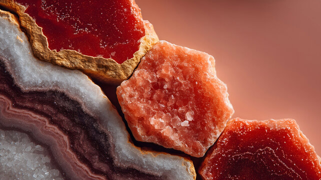Red agate geode slices and crystal formations in warm macro texture