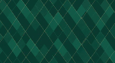 Dark and light green tones, plaid (Argyle) diamond pattern, dotted stitching, Christmas-themed seamless background.