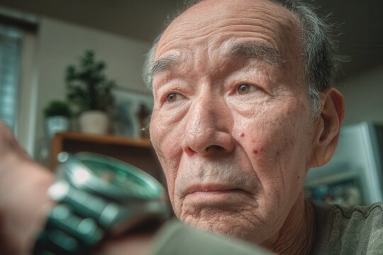 Senior asian man with a thoughtful expression glancing at his wristwatch