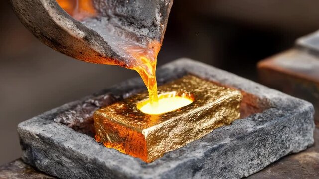 Medium shot of skilled worker pouring molten bismuth alloy into a precision mold for medical device components in a controlled foundry environment.
