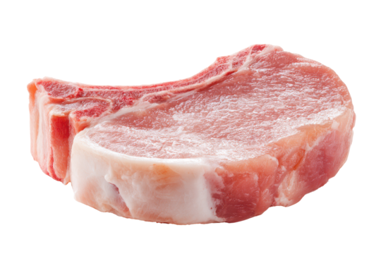 Raw pork chop bone in isolated on transparent background. Raw pork chop bone-in delicious meat cut ready for cooking and grilling isolated on white background.