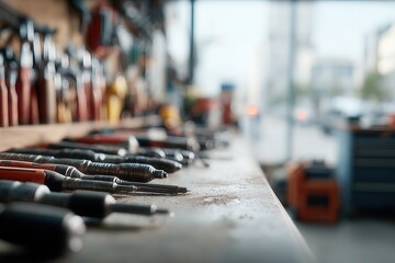 Various metal and plastic hand tools are organized on a workbench in a workshop