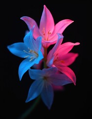 Fototapeta premium White flowers illuminated with pink and blue neon light on black background. Flowers are lit from different angles, creating a futuristic and vibrant display. Beautiful petals glow in neon colors.